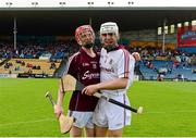 26 July 2015; Galway's Tom Monaghan, left, and Darragh Gilligan celebrate after the match. Electric Ireland GAA Hurling All-Ireland Minor Championship, Quarter-Final, Limerick v Galway. Semple Stadium, Thurles, Co. Tipperary. Picture credit: Piaras Ó Mídheach / SPORTSFILE