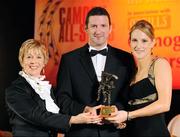 8 November 2008; Therese Maher, of Galway, is presented with her Camogie All-Star Award by President of the Camogie Association Liz Howard and Guest of Honour - Tipperary hurler - Brendan Cummins. Camogie All-Star Awards 2008 in association with O’Neills, Citywest Hotel, Conference, Leisure & Golf Resort, Dublin. Picture credit: Ray McManus / SPORTSFILE
