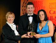 8 November 2008; Aoife Neary, of Kilkenny, is presented with her Camogie All-Star Award by President of the Camogie Association Liz Howard and Guest of Honour - Tipperary hurler - Brendan Cummins. Camogie All-Star Awards 2008 in association with O’Neills, Citywest Hotel, Conference, Leisure & Golf Resort, Dublin. Picture credit: Ray McManus / SPORTSFILE
