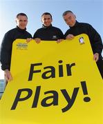 11 November 2008; Clare hurler Tony Griffin, centre, and Fermanagh footballer Martin McGrath, left,, who were annonced as winners of the 2008 Halifax GPA Fair Play Awards, referee Pat McEnaney, Halifax GPA Fair Play Award Selection Panel. For the first time this year, the award scheme has been extended to reward hurling and football players individually for setting an example through their positive behaviour/attitude in our national games on or off the pitch. Clarion Hotel Dublin, IFSC, Dublin. Picture credit: Brian Lawless / SPORTSFILE