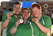 27 July 2015; Team Ireland’s Sean Coleman, left, a member of Cork Special Olympics Swimming Club, from Youghal, Co Cork, with his Silver Medal - 25M Backstroke, Sarah Jane Johnston, a member of Ripples Sports Special Olympics Club, from Lurgan, Co Armagh, Bronze and Gary McEnroe, a member of St John of God Menni Services, from Tallaght, Dublin, who won Bronze at the Uytengsu Aquatics Center. Special Olympics World Summer Games, Los Angeles, California, United States. Picture credit: Ray McManus / SPORTSFILE