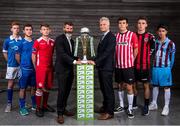 27 July 2015; Republic of Ireland assistant manager Roy Keane and Ruud Dokter, FAI High Performance Director, with players, from left, Shaun Rogers, Finn Harps, Tiernan Reilly, Monaghan United / Cavan, Michael Murphy, Shelbourne FC, Thomas O'Donovan, Derry City, Warren O'Hara, Bohemians, and Sean Hughes, Drogheda United, at the SSE Airtricity National U17s League Launch. FAI HQ, Abbotstown, Co. Dublin. Picture credit: David Maher / SPORTSFILE