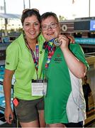 27 July 2015; Team Ireland’s Sean Coleman, a member of Cork Special Olympics Swimming Club, from Youghal, Co Cork, and a winner of a Silver Medal - 25M Backstroke, with his sister Yvonne at the Uytengsu Aquatics Center. Special Olympics World Summer Games, Los Angeles, California, United States. Picture credit: Ray McManus / SPORTSFILE