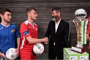 27 July 2015; Republic of Ireland assistant manager Roy Keane with Michael Murphy, Shelbourne FC, and Tiernan Reilly, Monaghan United/Cavan, at the SSE Airtricity National U17s League Launch. FAI HQ, Abbotstown, Co. Dublin. Picture credit: David Maher / SPORTSFILE