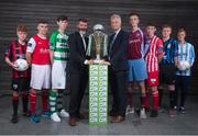 27 July 2015; Republic of Ireland assistant manager Roy Keane with Ruud Dokter, FAI High Performance Director, with players from left, Aodh Dervin, Longford Town FC, Conor Fowler, St. Patrick's Athletic, Cian Collins, Shamrock Rovers, Owen Folan, Mervue United, Ruadhan Feeney, Sligo Rovers, David Forture, Athtlone Town, and Christopher Horgan, Salthill Devon. SSE Airtricity National U17s League Launch. FAI HQ, Abbotstown, Co. Dublin. Picture credit: David Maher / SPORTSFILE