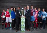 27 July 2015; Republic of Ireland assistant manager Roy Keane with Aine Murphy, SSE Airtricity, Fran Gavin, Director of the National League, and Ruud Dokter, FAI High Performance Director, with players, from left, Aodh Dervin, Longford Town FC, Conor Fowler, St. Patrick's Athletic, Cian Collins, Shamrock Rovers, Owen Folan, Mervue United, Ruadhan Feeney, Sligo Rovers, David Forture, Athtlone Town, and Christopher Horgan, Salthill Devon. SSE Airtricity National U17s League Launch. FAI HQ, Abbotstown, Co. Dublin. Picture credit: David Maher / SPORTSFILE