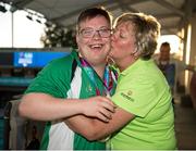 27 July 2015; Team Ireland’s Sean Coleman, a member of Cork Special Olympics Swimming Club, from Youghal, Co Cork, and a winner of a Silver Medal - 25M Backstroke, with his mothyer Phildelma at the Uytengsu Aquatics Center. Special Olympics World Summer Games, Los Angeles, California, United States. Picture credit: Ray McManus / SPORTSFILE
