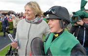 27 July 2015; Jockey Kate Harrington with trainer Jessica Harrington after victory in The Connacht Hotel Q.R. Handicap on Modem during the Galway Racing Festival at Ballybrit in Galway. Photo by Cody Glenn/Sportsfile
