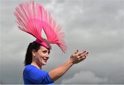 27 July 2015; Caithriona King, from Corofin, Co. Galway, recognizes a familiar face as the milner dons a hat she created. Galway Racing Festival. Ballybrit, Galway. Picture credit: Cody Glenn / SPORTSFILE