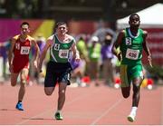 28 July 2015; Team Ireland’s James Meenan, 408, a member of St Therese’s Special Olympics Club, from Dundalk, Co Louth, races alongside fellow athletes, Jie Zhang, 218, SO China, and Keith Ricketts, 436, on his way to qualifying for the finals of the 100m at the Katherine B. Loker Stadium. Special Olympics World Summer Games, Los Angeles, California, United States. Picture credit: Ray McManus / SPORTSFILE