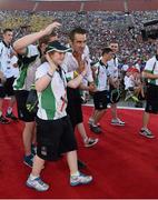24 July 2015; Colin Farrell with athletes including Team Ireland’s Dearbhail Savage, a member of Saddle and Reins Special Olympics Club, from Mowhan, Co Armagh, during the opening ceremony of the Special Olympics World Summer Games. LA Memorial Coliseum, Los Angeles, United States. Picture credit: Ray McManus / SPORTSFILE