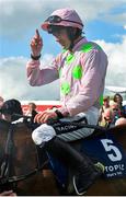 28 July 2015; Jockey Ruby Walsh tips his cap to the crowd after riding Long Dog to victory in the Topaz Novice Hurdle. Galway Racing Festival, Ballybrit, Galway. Picture credit: Cody Glenn / SPORTSFILE