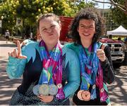 29 July 2015; Team Ireland’s Kirsty Devlin, left, a member of SALTO Gymnastics Club, from Belfast, who won 2 Gold and 2 silver medals, in gymnastics, and fellow Team Ireland gymnast Ashleigh O’Hagan, a member of Lisnagry Special Olympics Club, from Limerick City, with her two Bronze medals at the John Wooden Center, UCLA. Special Olympics World Summer Games, Los Angeles, California, United States. Picture credit: Ray McManus / SPORTSFILE