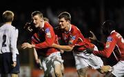 15 November 2008; Anto Flood, left, Shelbourne, celebrates after scoring his side's first goal with team-mates David McAllister, centre, and Mark Rutherford. eircom League First Division, Shelbourne v Limerick 37, Tolka Park, Dublin. Picture credit: David Maher / SPORTSFILE