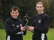 13 November 2008; Bohemians' Owen Heary, right, who was annnounced as the eircom / SWAI Player of the Month for October is presented with his award by manager Pat Fenlon. Dublin City University, Dublin. Picture credit: Brian Lawless / SPORTSFILE