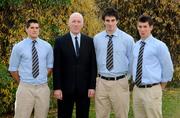 14 November 2008; Brian Mullins, UCD's Director of Sport, with rugby stars of the future. First year rugby scholarship recipients Ian McKinley, left, Shane Grannell and Noel Reid, right, at the announcement of the new UCD Scholarship recipients for 2008/2009, O'Reilly Hall, UCD. Photo by Sportsfile