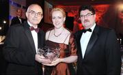 15 November 2008; Eileen O'Keeffe, Kilkenny City Harriers, is presented with the award for Field Athlete of the Year by John Foley, right, Chief Executive of Waterford Crystal and Liam Hennessy, President of Athletics Ireland. National Athletics Awards with Waterford Crystal, Crowne Plaza, Santry, Dublin. Photo by Sportsfile