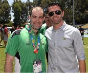 29 July 2015; Team Ireland’s Francis Bilardi, a member of Cheeverstown Special Olympics Club, from Tallaght, Dublin, with Special Olympics Ambassador, LA Galaxy and Republic of Ireland star Robbie Keane at the Drake Stadium where he visited and supporterd the Team Ireland soccor team. Special Olympics World Summer Games, Los Angeles, California, United States Picture credit: Ray McManus / SPORTSFILE