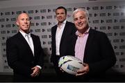 29 July 2015; 50 Days to Go: Rugby legend Peter Stringer, who boasts almost 100 caps for Ireland, has been unveiled as the final pundit on TV3’s Rugby World Cup 2015 panel. The former Ireland scrum half, who recently joined English premiership side Sale Sharks, was in Dublin alongside Shane Jennings and Stuart Barnes to celebrate ’50 Days to Go’ to the biggest sporting event of the year; RWC 2015. All of the action from ALL 48 matches will be Live and Exclusive on TV3 from Friday 18th September. TV3 studios, Ballymount, Dublin. Picture credit: David Maher / SPORTSFILE