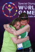 29 July 2015; Team Ireland’s Aoife Beston, a member of Claremorris All Stars Special Olympics Club, from Claremorris, Co. Mayo, celebrates with her sister Lorraine, left, after competing in the 5,000M event at the at the Katherine B. Loker Stadium. Special Olympics World Summer Games, Los Angeles, California, United States. Picture credit: Ray McManus / SPORTSFILE
