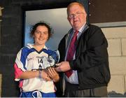 29 July 2015; Waterford's Kaiesha Tobin is presented with the Player of the Match trophy by Peter Rice, of the LGFA Management Committee, for her performance against Roscommon. All Ireland U16 B Ladies Football Championship Final, Roscommon v Waterford, McDonagh Park, Nenagh, Co. Tipperary. Picture credit: Seb Daly / SPORTSFILE
