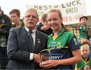29 July 2015; Player of the Match Aoife O'Callaghan is presented with her award by Connacht LGFA President Liam Costigan after victory over Galway. All Ireland U16 A Ladies Football Championship Final, Galway v Kerry, Bruff, Co. Limerick. Picture credit: Diarmuid Greene / SPORTSFILE