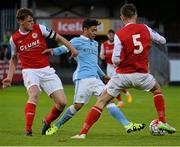 29 July 2015; Paolo Fernandes, Manchester City Elite Development Squad, in action against Ian Morris and Philip Gannon, St Patrick's Athletic . Pre-Season Friendly, St Patrick's Athletic v Manchester City Elite Development Squad. Richmond Park, Dublin. Picture credit: Sam Barnes / SPORTSFILE
