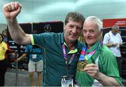 30 July 2015; Matt English, CEO of Special Olympics Ireland, left, with Team Ireland’s Peter Malynn, a member of St Hilda’s Work Therapy Unit, from Mullingar, Co. Westmeath, who was presented with his Gold Medal, for Bocce, at the Los Angeles Convention Center. Special Olympics World Summer Games, Los Angeles, California, United States. Picture credit: Ray McManus / SPORTSFILE