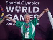 30 July 2015; Team Ireland’s Peter Malynn, a member of St Hilda’s Work Therapy Unit, from Mullingar, Co. Westmeath, celebrates on the podium after being presented with his Gold Medal, for Bocce, at the Los Angeles Convention Center. Special Olympics World Summer Games, Los Angeles, California, United States. Picture credit: Ray McManus / SPORTSFILE
