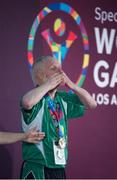 30 July 2015; Team Ireland’s Peter Malynn, a member of St Hilda’s Work Therapy Unit, from Mullingar, Co. Westmeath, celebrates on the podium after being presented with his Gold Medal, for Bocce, at the Los Angeles Convention Center. Special Olympics World Summer Games, Los Angeles, California, United States. Picture credit: Ray McManus / SPORTSFILE