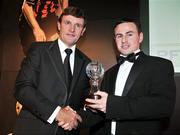 16 November 2008; David Cassidy, Dundalk, is presented with the PFAI Ford First Division player of the year award by former Republic of Ireland International player, Kevin Moran. PFAI Awards Banquet 2008, D4 Ballsbridge Court Hotel, Dublin. Picture credit: David Maher / SPORTSFILE