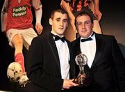 16 November 2008; Niall McGinn, Derry City, is presented with the PFAI Ford Young Player of the Year award by Paul O'Hehir, of The Mirror newspaper. PFAI Awards Banquet 2008, D4 Ballsbridge Court Hotel, Dublin. Picture credit: David Maher / SPORTSFILE