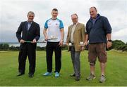 31 July 2015; Ireland's largest golf complex, Deer Park Golf at Howth Castle, has opened the world's first &quot;Poc Fada Golf&quot; course, ahead of the All-Ireland Poc Fada Final. Pictured launching this new game, combining hurling with golf, is from left: Humphrey Kelleher, former Dublin hurling manager and Chairman of the National Poc Fada Committee; Dublin GAA All-Star hurler and TV pundit Liam Rushe; Julian Gaisford-St Lawrence of Howth Castle; and David Caulfield of Beann Eadair GAA. DeerPark Golf & FootGolf, Howth Castle, Dublin. Picture credit: Seb Daly / SPORTSFILE