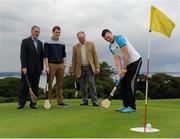31 July 2015; Ireland's largest golf complex, Deer Park Golf at Howth Castle, has opened the world's first &quot;Poc Fada Golf&quot; course, ahead of the All-Ireland Poc Fada Final. Pictured launching this new game, combining hurling with golf, are from left: Humphrey Kelleher, former Dublin hurling manager and Chairman of the National Poc Fada Committee;  Thomas and Julian Gaisford-St Lawrence of Howth Castle; and Dublin GAA All-Star hurler and TV pundit Liam Rushe. DeerPark Golf & FootGolf, Howth Castle, Dublin. Picture credit: Seb Daly / SPORTSFILE