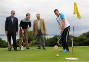 31 July 2015; Ireland's largest golf complex, Deer Park Golf at Howth Castle, has opened the world's first &quot;Poc Fada Golf&quot; course, ahead of the All-Ireland Poc Fada Final. Pictured launching this new game, combining hurling with golf, are from left: Humphrey Kelleher, former Dublin hurling manager and Chairman of the National Poc Fada Committee;  Thomas and Julian Gaisford-St Lawrence of Howth Castle; and Dublin GAA All-Star hurler and TV pundit Liam Rushe. DeerPark Golf & FootGolf, Howth Castle, Dublin. Picture credit: Seb Daly / SPORTSFILE