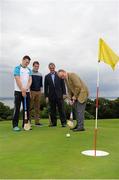31 July 2015; Ireland's largest golf complex, Deer Park Golf at Howth Castle, has opened the world's first &quot;Poc Fada Golf&quot; course, ahead of the All-Ireland Poc Fada Final. Pictured launching this new game, combining hurling with golf, are Dublin GAA All-Star hurler and TV pundit Liam Rushe, left, Humphrey Kelleher, former Dublin hurling manager and Chairman of the National Poc Fada Committee, second right, and Thomas and Julian Gaisford-St Lawrence of Howth Castle. DeerPark Golf & FootGolf, Howth Castle, Dublin. Picture credit: Seb Daly / SPORTSFILE