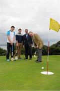 31 July 2015; Ireland's largest golf complex, Deer Park Golf at Howth Castle, has opened the world's first &quot;Poc Fada Golf&quot; course, ahead of the All-Ireland Poc Fada Final. Pictured launching this new game, combining hurling with golf, are Dublin GAA All-Star hurler and TV pundit Liam Rushe, left, Humphrey Kelleher, former Dublin hurling manager and Chairman of the National Poc Fada Committee, second right, and Thomas and Julian Gaisford-St Lawrence of Howth Castle. DeerPark Golf & FootGolf, Howth Castle, Dublin. Picture credit: Seb Daly / SPORTSFILE
