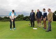 31 July 2015; Ireland's largest golf complex, Deer Park Golf at Howth Castle, has opened the world's first &quot;Poc Fada Golf&quot; course, ahead of the All-Ireland Poc Fada Final. Pictured launching this new game, combining hurling with golf, are from left: Dublin GAA All-Star hurler and TV pundit Liam Rushe; Humphrey Kelleher former Dublin hurling manager and Chairman of the National Poc Fada Committee; David Caulfield of Beann Eadair GAA; and Thomas and Julian Gaisford-St Lawrence of Howth Castle. DeerPark Golf & FootGolf, Howth Castle, Dublin. Picture credit: Seb Daly / SPORTSFILE