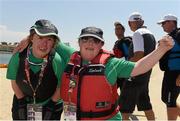 31 July 2015; Team Ireland’s Nuala Browne, right, a member of North West Special Olympics Club, from Strabane, Co Tyrone, who celebrates after winning a Silver Medal for finishing second in the KT 500M Race Singles Tourist - Div 06, with Nicola Higgins, a member of Free Spirit Special Olympics Kayaking Club, from Coolock, Dublin, who finished 5th in the Kayaking at the Miami Marine Stadium, Long Beach. Special Olympics World Summer Games, Los Angeles, California, United States. Picture credit: Ray McManus / SPORTSFILE