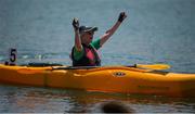 31 July 2015; Team Ireland’s Rita Quirke, a member of Moore Abbey Special Olympics Club, from Rathangan, Co Meath, celebrates after winning a Bronze Medal by finishing third in the KT 500M Race Singles Tourist - Div 06, in the Kayaking at the Miami Marine Stadium, Long Beach. Special Olympics World Summer Games, Los Angeles, California, United States. Picture credit: Ray McManus / SPORTSFILE