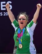 31 July 2015; Team Ireland’s Nuala Browne, a member of North West Special Olympics Club, from Strabane, Co Tyrone, celebrates after being presented with a Silver Medal after finishing second in the KT 500M Race Singles Tourist - Div 06, in the Kayaking at the Miami Marine Stadium, Long Beach. Special Olympics World Summer Games, Los Angeles, California, United States. Picture credit: Ray McManus / SPORTSFILE