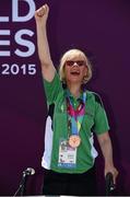 31 July 2015; Team Ireland’s Rita Quirke, a member of Moore Abbey Special Olympics Club, from Rathangan, Co Meath, celebrates winning a Bronze Medal in the Kayaking at the Miami Marine Stadium, Long Beach. Special Olympics World Summer Games, Los Angeles, California, United States. Picture credit: Ray McManus / SPORTSFILE