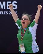 31 July 2015; Team Ireland’s Nuala Browne, a member of North West Special Olympics Club, from Strabane, Co Tyrone, celebrates as she awaits being presented with a Silver Medal after finishing second in the KT 500M Race Singles Tourist - Div 06, in the Kayaking at the Miami Marine Stadium, Long Beach. Special Olympics World Summer Games, Los Angeles, California, United States. Picture credit: Ray McManus / SPORTSFILE