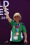 31 July 2015; Team Ireland’s Rita Quirke, a member of Moore Abbey Special Olympics Club, from Rathangan, Co Meath, celebrates winning a Bronze Medal in the Kayaking at the Miami Marine Stadium, Long Beach. Special Olympics World Summer Games, Los Angeles, California, United States. Picture credit: Ray McManus / SPORTSFILE