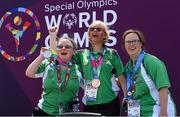 31 July 2015; Nuala Browne, left, a member of North West Special Olympics Club, from Strabane, Co Tyrone, celebrates with Team Ireland team mates Rita Quirke, who won a Bronze Medal, and Nicola Higgins, who was presented with a 5th place ribbon, after she was  presented with a Silver Medal after finishing second in the KT 500M Race Singles Tourist - Div 06, in the Kayaking at the Miami Marine Stadium, Long Beach. Special Olympics World Summer Games, Los Angeles, California, United States. Picture credit: Ray McManus / SPORTSFILE