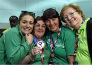 31 July 2015; Team Ireland’s Anne Hoey, a member of Drogheda Special Olympics Club, from Drogheda, Co Louth, celebrates with her mother Patricia, right, her sister Helen, 2nd from right, and Caroline Duke, left, after being presented with a Silver Medal for Bocce at the Los Angeles Convention Center. Special Olympics World Summer Games, Los Angeles, California, United States. Picture credit: Ray McManus / SPORTSFILE