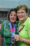 31 July 2015; Team Ireland’s Anne Hoey, a member of Drogheda Special Olympics Club, from Drogheda, Co Louth, celebrates with her coach Miriam Carolan after being presented with a Silver Medal for Bocce at the Los Angeles Convention Center. Special Olympics World Summer Games, Los Angeles, California, United States. Picture credit: Ray McManus / SPORTSFILE