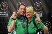 31 July 2015; Team Ireland’s Francis Power, a member of Navan Arch Club, from Navan, Co Meath, who won a Gold Medal for table tennis with his coach Phyllis Naughton at the Los Angeles Convention Center. Special Olympics World Summer Games, Los Angeles, California, United States. Picture credit: Ray McManus / SPORTSFILE