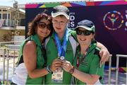 31 July 2015; Team Ireland’s Ian Staunton, a member of Galway Kayaking Special Olympics Club, from Salthill, Co. Galway, with Roisin Henry, left, and Angelina Foley, both SO Ireland, at the Miami Marine Stadium, Long Beach. Special Olympics World Summer Games, Los Angeles, California, United States. Picture credit: Ray McManus / SPORTSFILE
