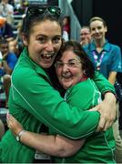 31 July 2015; Team Ireland’s Anne Hoey, a member of Drogheda Special Olympics Club, from Drogheda, Co Louth, celebrates with Caroline Duke, left, after being presented with a Silver Medal for Bocce at the Los Angeles Convention Center. Special Olympics World Summer Games, Los Angeles, California, United States. Picture credit: Ray McManus / SPORTSFILE